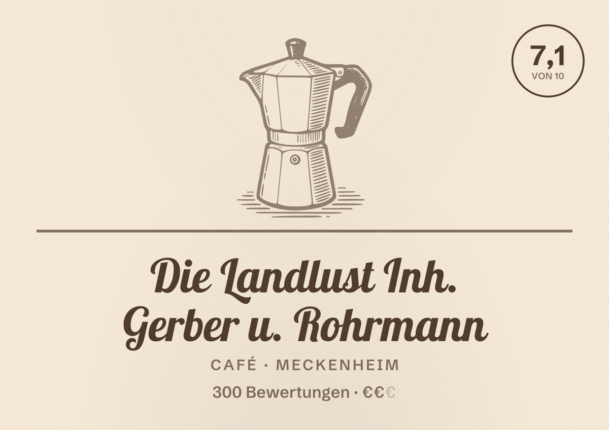 Illustriertes Poster von Die Landlust Inh. Gerber u. Rohrmann, Café in Meckenheim: Bewertung 7,1 von 10 aus 300 Bewertungen, Preisniveau €€