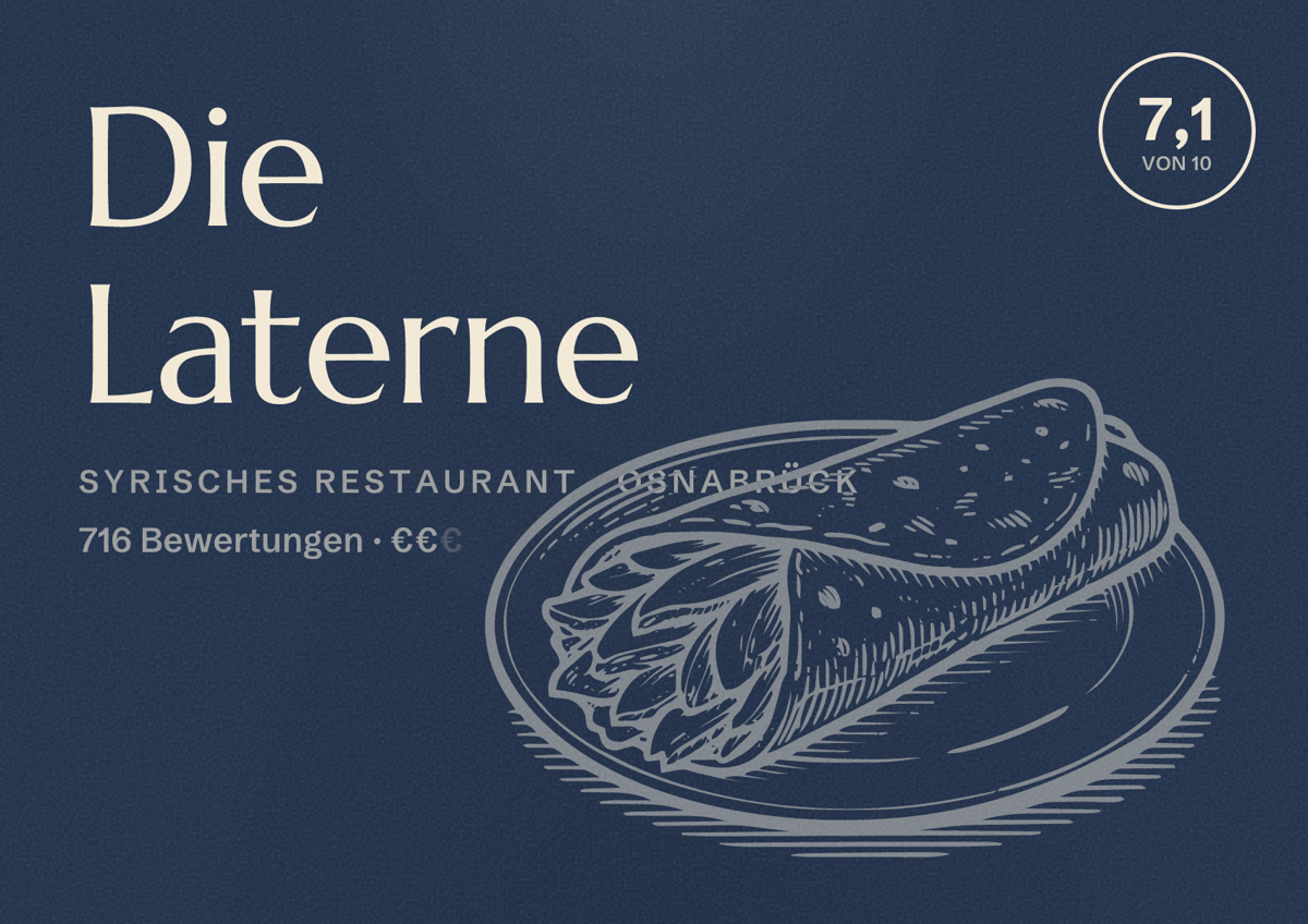 Illustriertes Poster von Die Laterne, Syrisches Restaurant in Osnabrück: Bewertung 7,1 von 10 aus 716 Bewertungen, Preisniveau €€