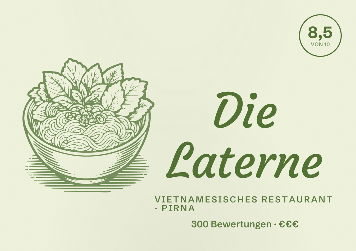 Illustriertes Poster von Die Laterne, Vietnamesisches Restaurant in Pirna: Bewertung 8,5 von 10 aus 300 Bewertungen, Preisniveau €€€