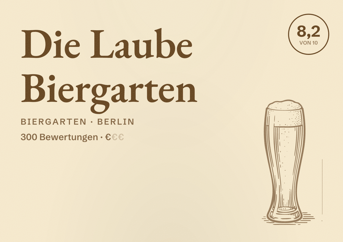 Illustriertes Poster von Die Laube Biergarten, Biergarten in Berlin: Bewertung 8,2 von 10 aus 300 Bewertungen, Preisniveau €