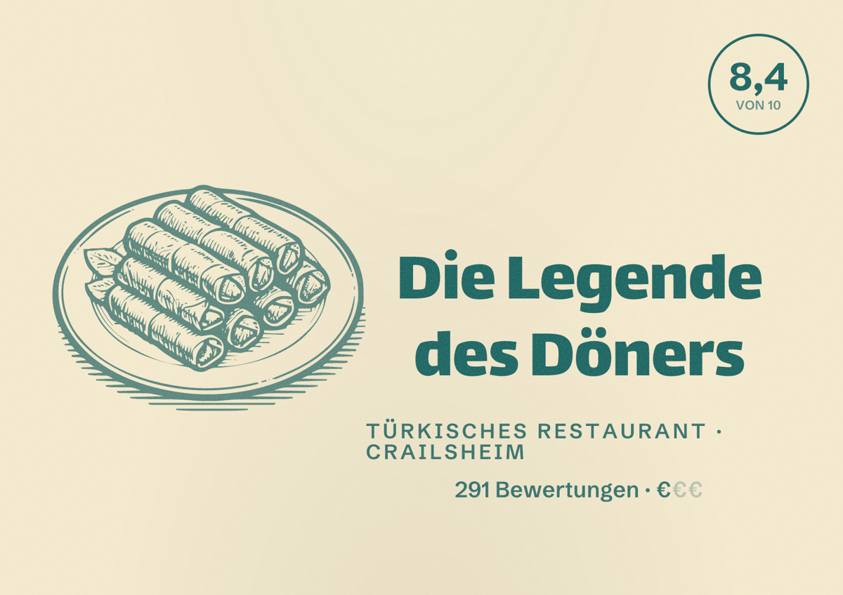 Illustriertes Poster von Die Legende des Döners, Türkisches Restaurant in Crailsheim: Bewertung 8,4 von 10 aus 291 Bewertungen, Preisniveau €