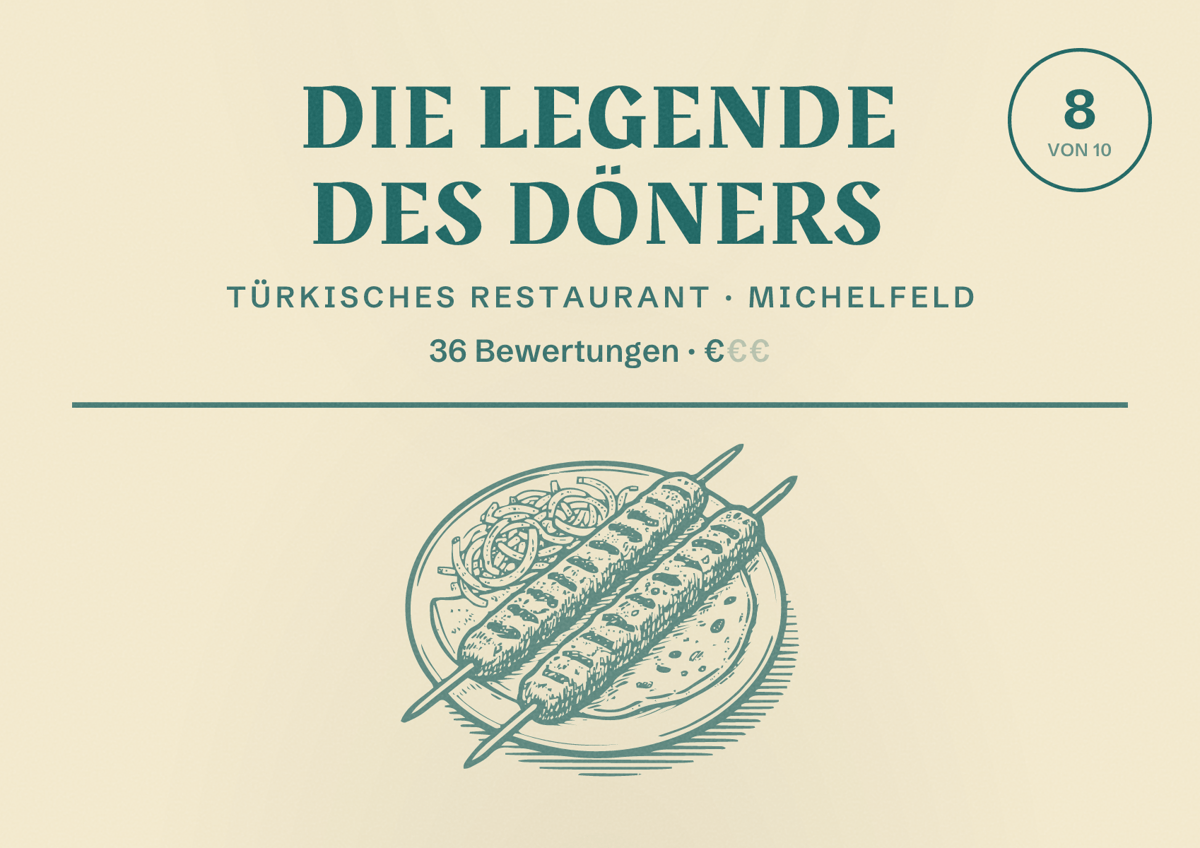Illustriertes Poster von Die Legende des Döners, Türkisches Restaurant in Michelfeld: Bewertung 8 von 10 aus 36 Bewertungen, Preisniveau €