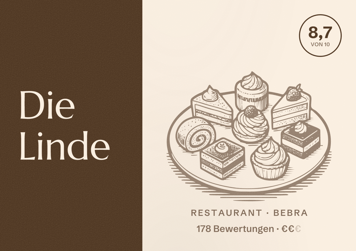 Illustriertes Poster von Die Linde, Restaurant in Bebra: Bewertung 8,7 von 10 aus 178 Bewertungen, Preisniveau €€
