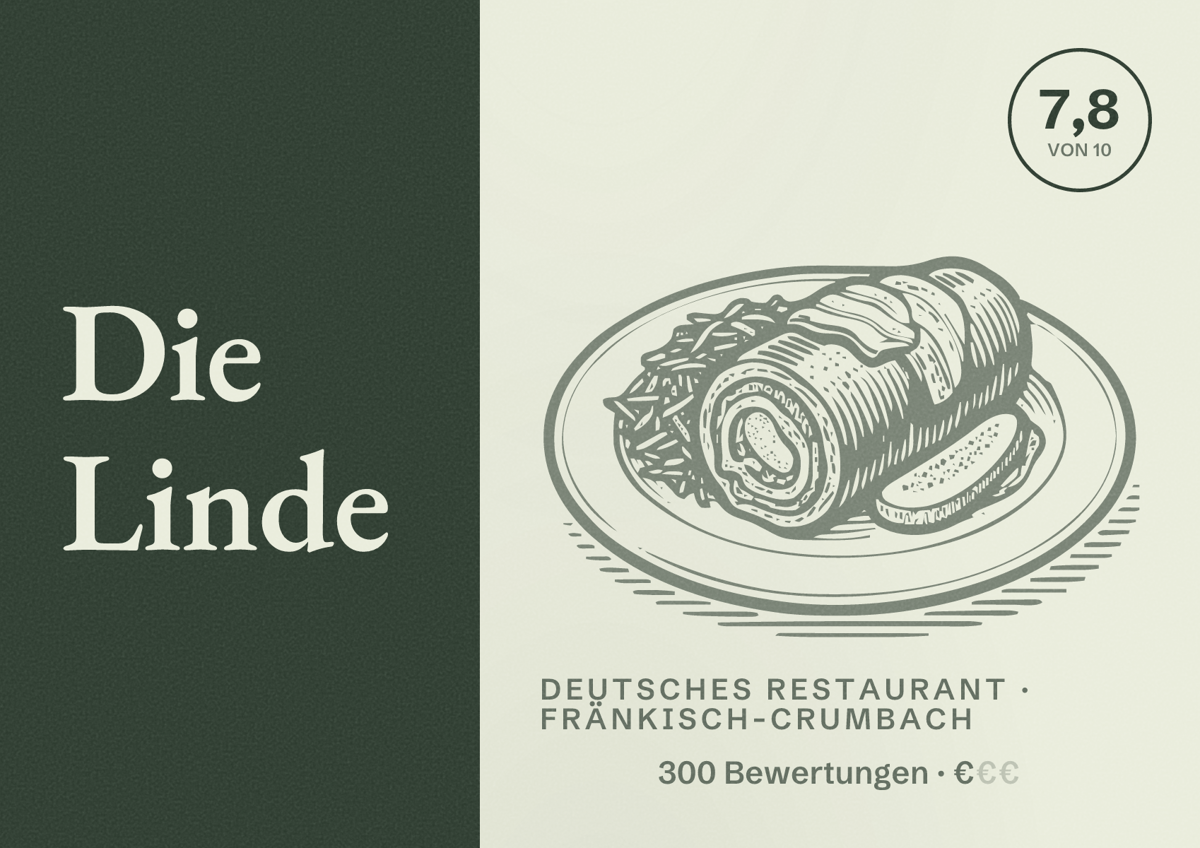 Illustriertes Poster von Die Linde, Deutsches Restaurant in Fränkisch-Crumbach: Bewertung 7,8 von 10 aus 300 Bewertungen, Preisniveau €