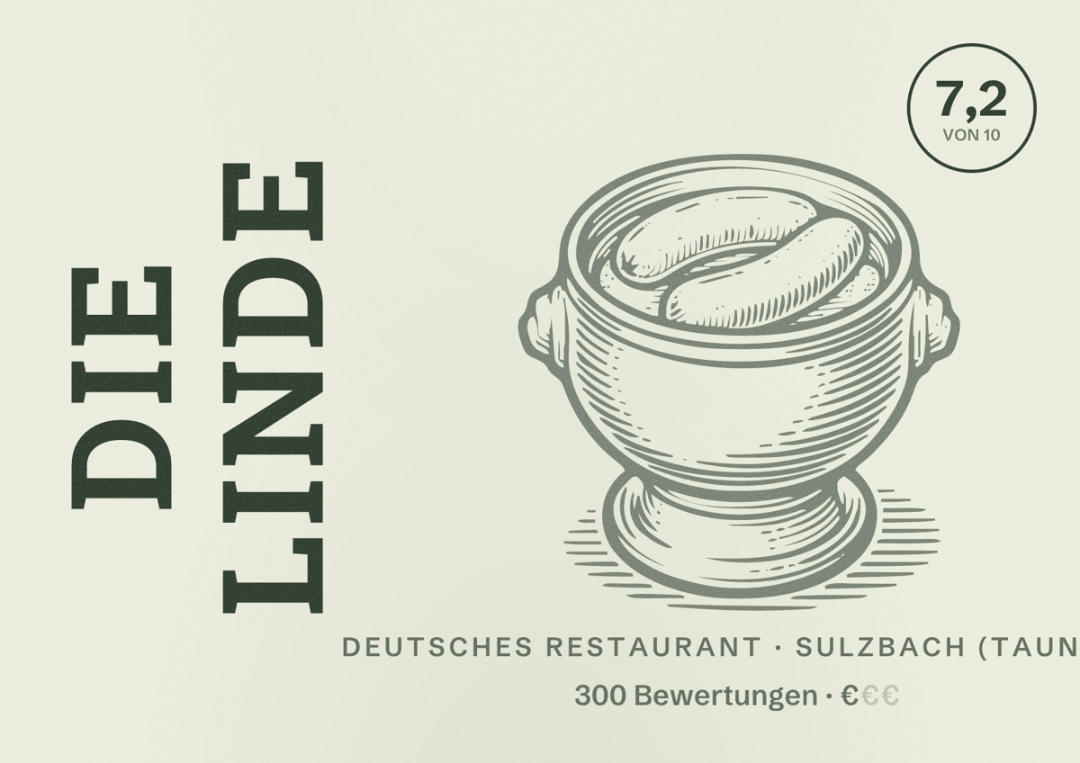Illustriertes Poster von Die Linde, Deutsches Restaurant in Sulzbach (Taunus): Bewertung 7,2 von 10 aus 300 Bewertungen, Preisniveau €