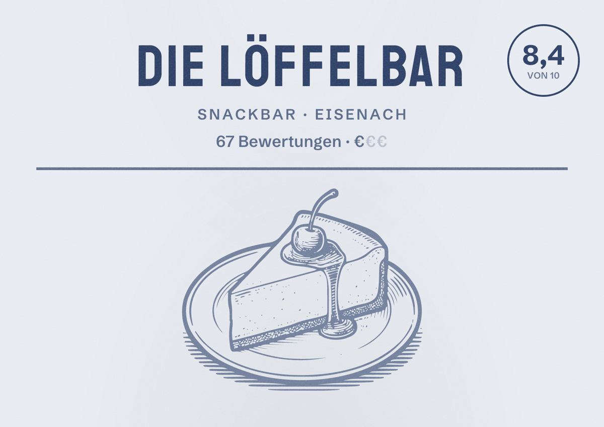 Illustriertes Poster von Die Löffelbar, Snackbar in Eisenach: Bewertung 8,4 von 10 aus 67 Bewertungen, Preisniveau €