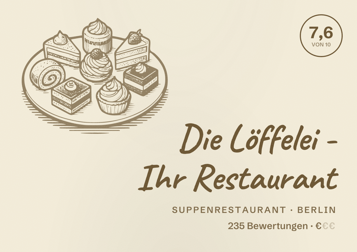 Illustriertes Poster von Die Löffelei - Ihr Restaurant, Suppenrestaurant in Berlin: Bewertung 7,6 von 10 aus 235 Bewertungen, Preisniveau €