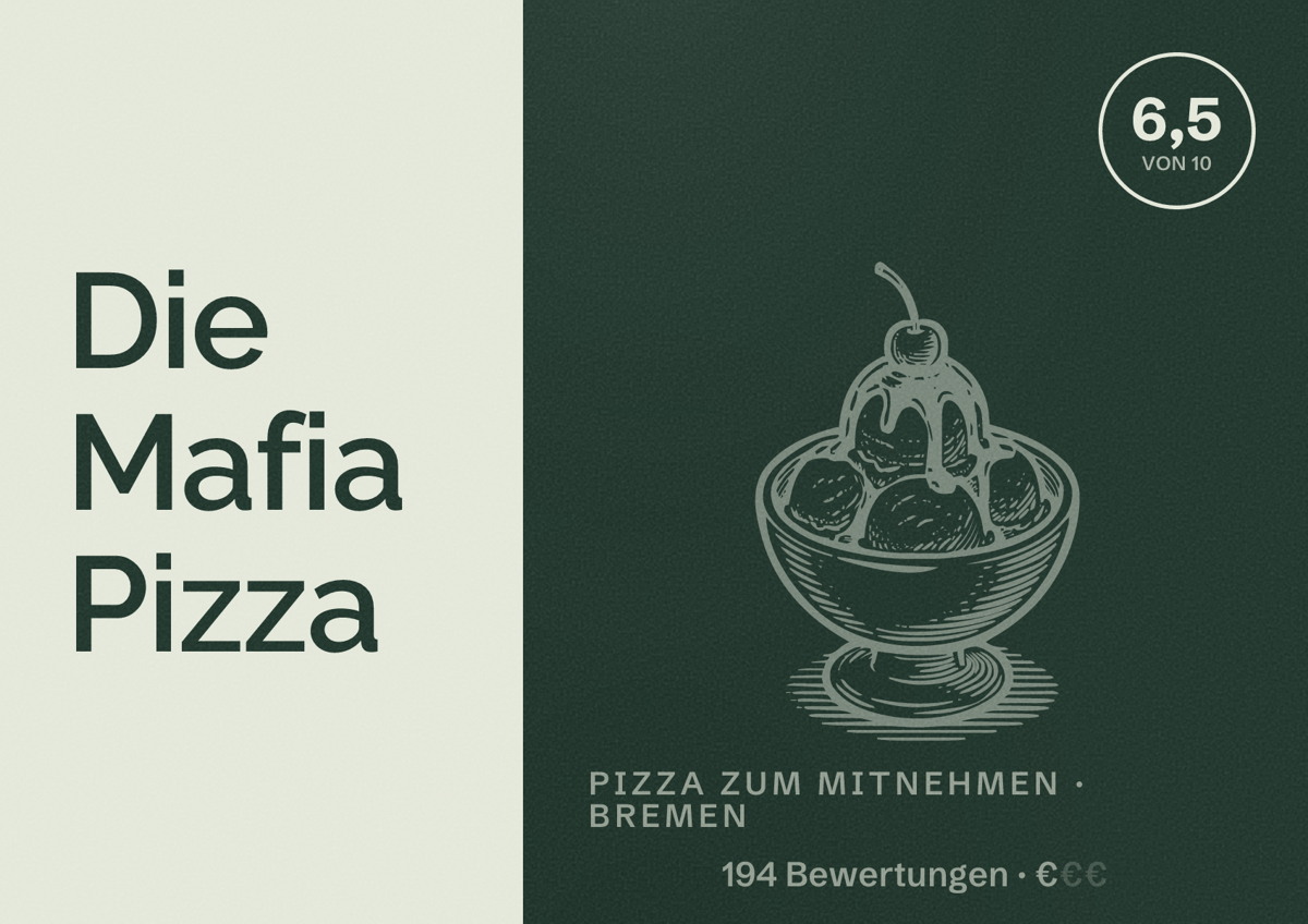 Illustriertes Poster von Die Mafia Pizza, Pizza zum Mitnehmen in Bremen: Bewertung 6,5 von 10 aus 194 Bewertungen, Preisniveau €