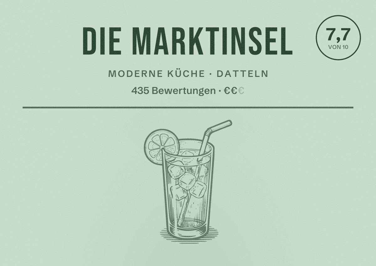 Illustriertes Poster von Die Marktinsel, Moderne Küche in Datteln: Bewertung 7,7 von 10 aus 435 Bewertungen, Preisniveau €€