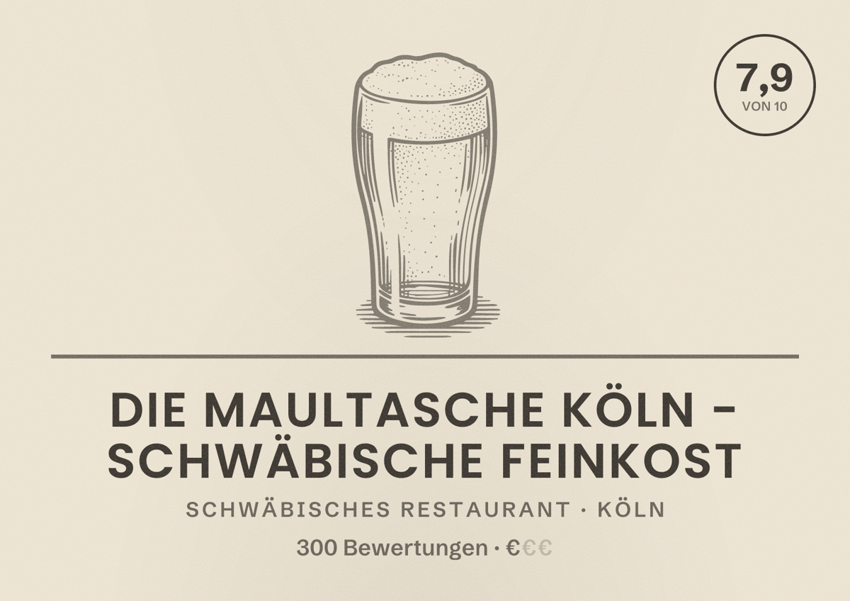 Illustriertes Poster von Die Maultasche Köln - Schwäbische Feinkost, Schwäbisches Restaurant in Köln: Bewertung 7,9 von 10 aus 300 Bewertungen, Preisniveau €
