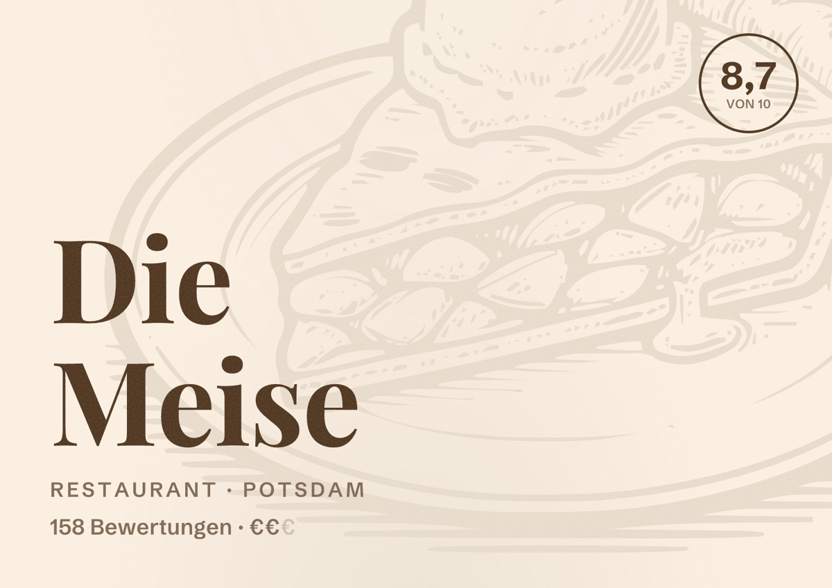 Illustriertes Poster von Die Meise, Restaurant in Potsdam: Bewertung 8,7 von 10 aus 158 Bewertungen, Preisniveau €€