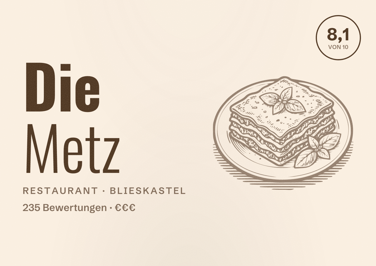 Illustriertes Poster von Die Metz, Restaurant in Blieskastel: Bewertung 8,1 von 10 aus 235 Bewertungen, Preisniveau €€€