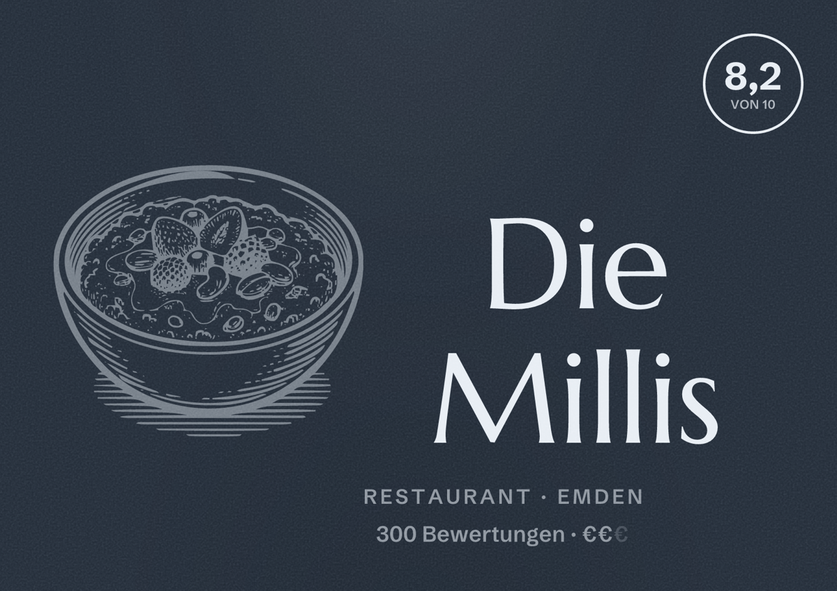 Illustriertes Poster von Die Millis, Restaurant in Emden: Bewertung 8,2 von 10 aus 300 Bewertungen, Preisniveau €€