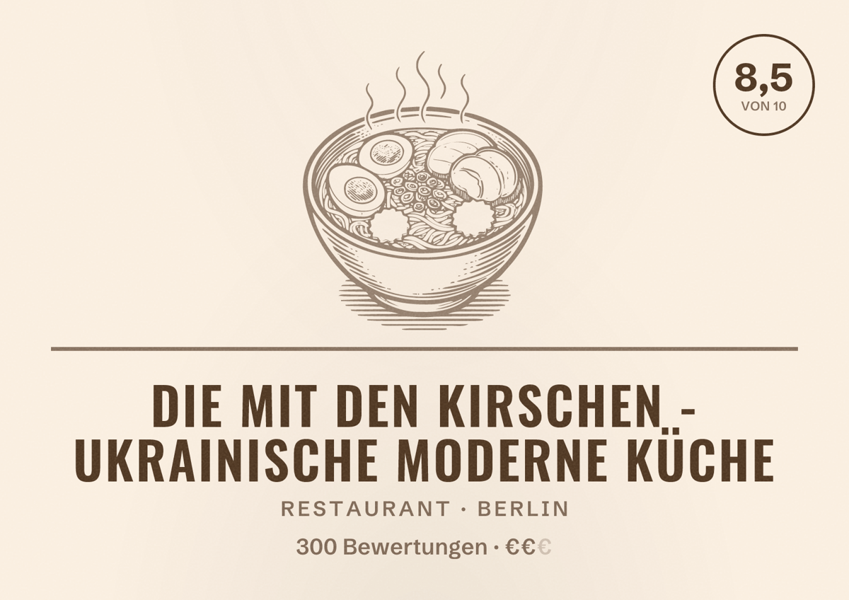 Illustriertes Poster von Die mit den Kirschen - ukrainische moderne Küche, Restaurant in Berlin: Bewertung 8,5 von 10 aus 300 Bewertungen, Preisniveau €€