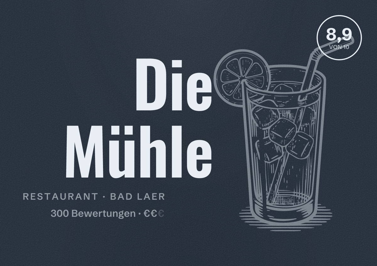 Illustriertes Poster von Die Mühle, Restaurant in Bad Laer: Bewertung 8,9 von 10 aus 300 Bewertungen, Preisniveau €€