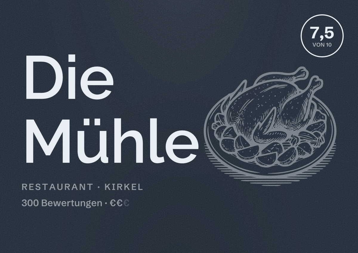 Illustriertes Poster von Die Mühle, Restaurant in Kirkel: Bewertung 7,5 von 10 aus 300 Bewertungen, Preisniveau €€