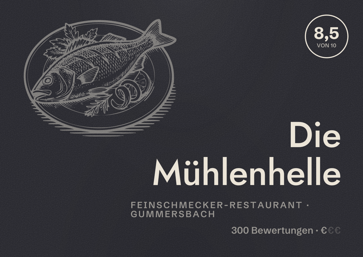 Illustriertes Poster von Die Mühlenhelle, Feinschmecker-Restaurant in Gummersbach: Bewertung 8,5 von 10 aus 300 Bewertungen, Preisniveau €