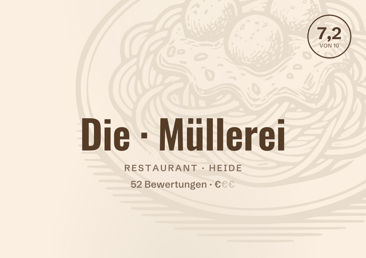 Illustriertes Poster von Die Müllerei, Restaurant in Heide: Bewertung 7,2 von 10 aus 52 Bewertungen, Preisniveau €