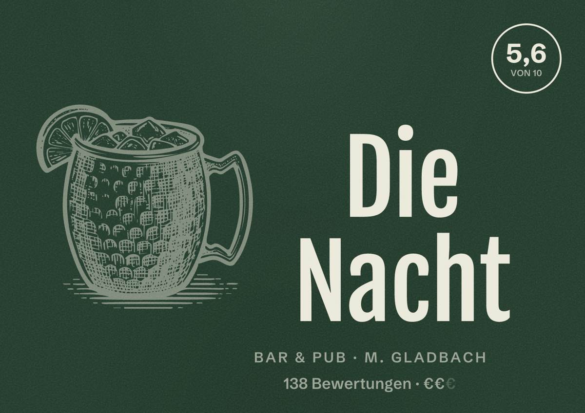 Illustriertes Poster von Die Nacht, Bar & Pub in M. Gladbach: Bewertung 5,6 von 10 aus 138 Bewertungen, Preisniveau €€