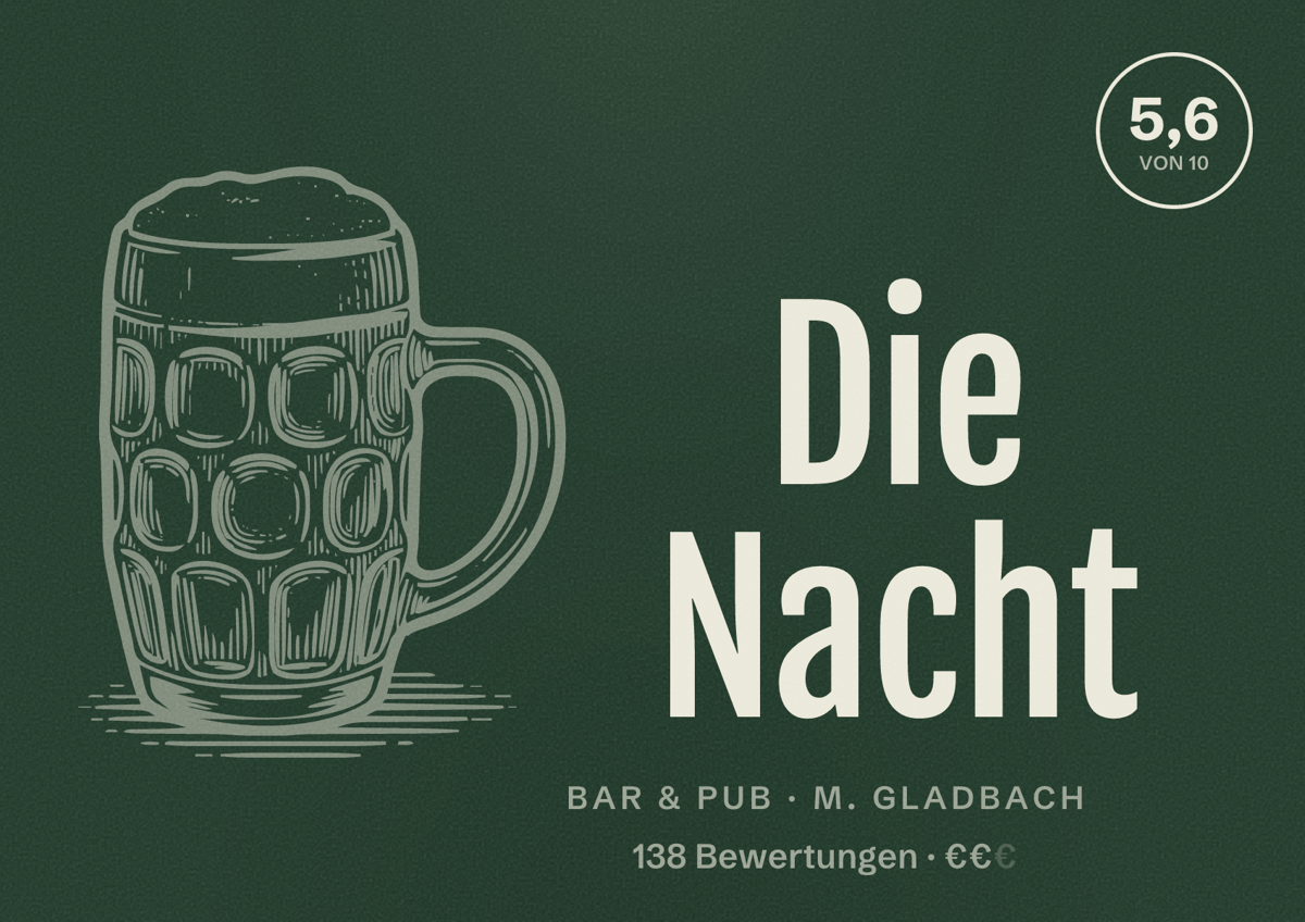 Illustriertes Poster von Die Nacht, Bar & Pub in M. Gladbach: Bewertung 5,6 von 10 aus 138 Bewertungen, Preisniveau €€