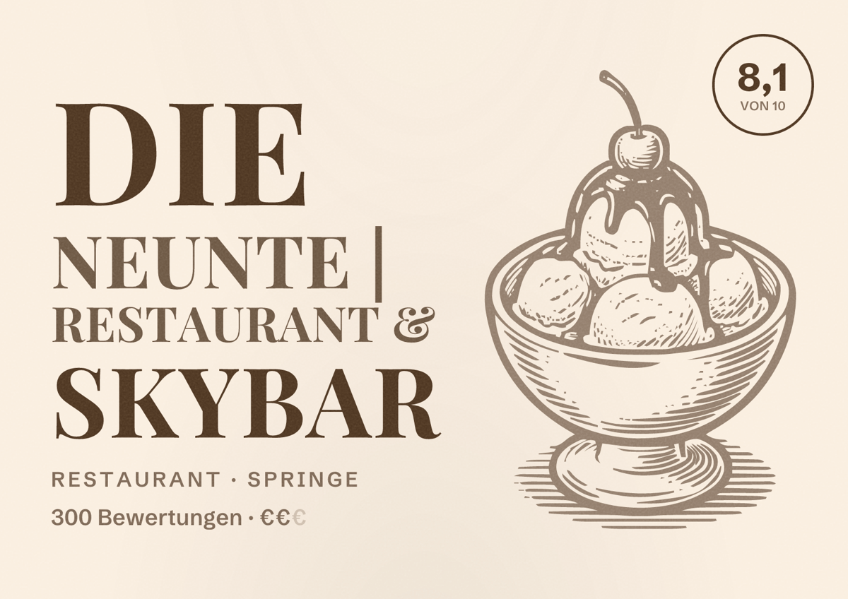 Illustriertes Poster von DIE NEUNTE | Restaurant & Skybar, Restaurant in Springe: Bewertung 8,1 von 10 aus 300 Bewertungen, Preisniveau €€