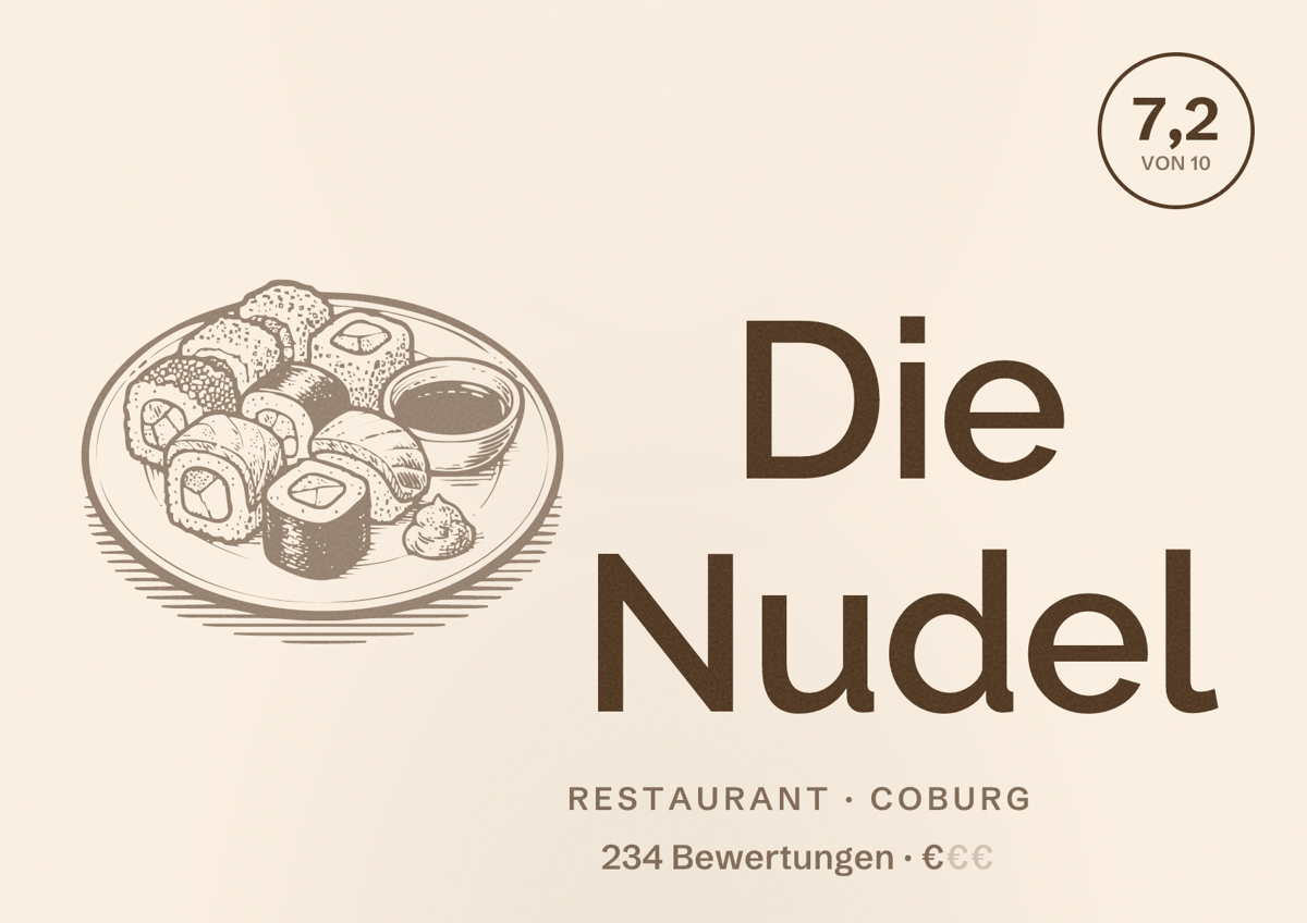 Illustriertes Poster von Die Nudel, Restaurant in Coburg: Bewertung 7,2 von 10 aus 234 Bewertungen, Preisniveau €