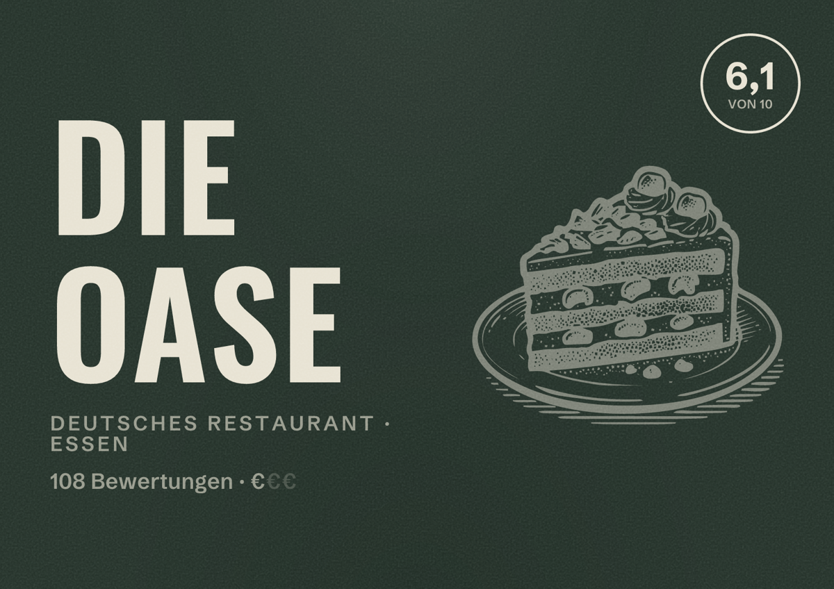 Illustriertes Poster von Die Oase, Deutsches Restaurant in Essen: Bewertung 6,1 von 10 aus 108 Bewertungen, Preisniveau €