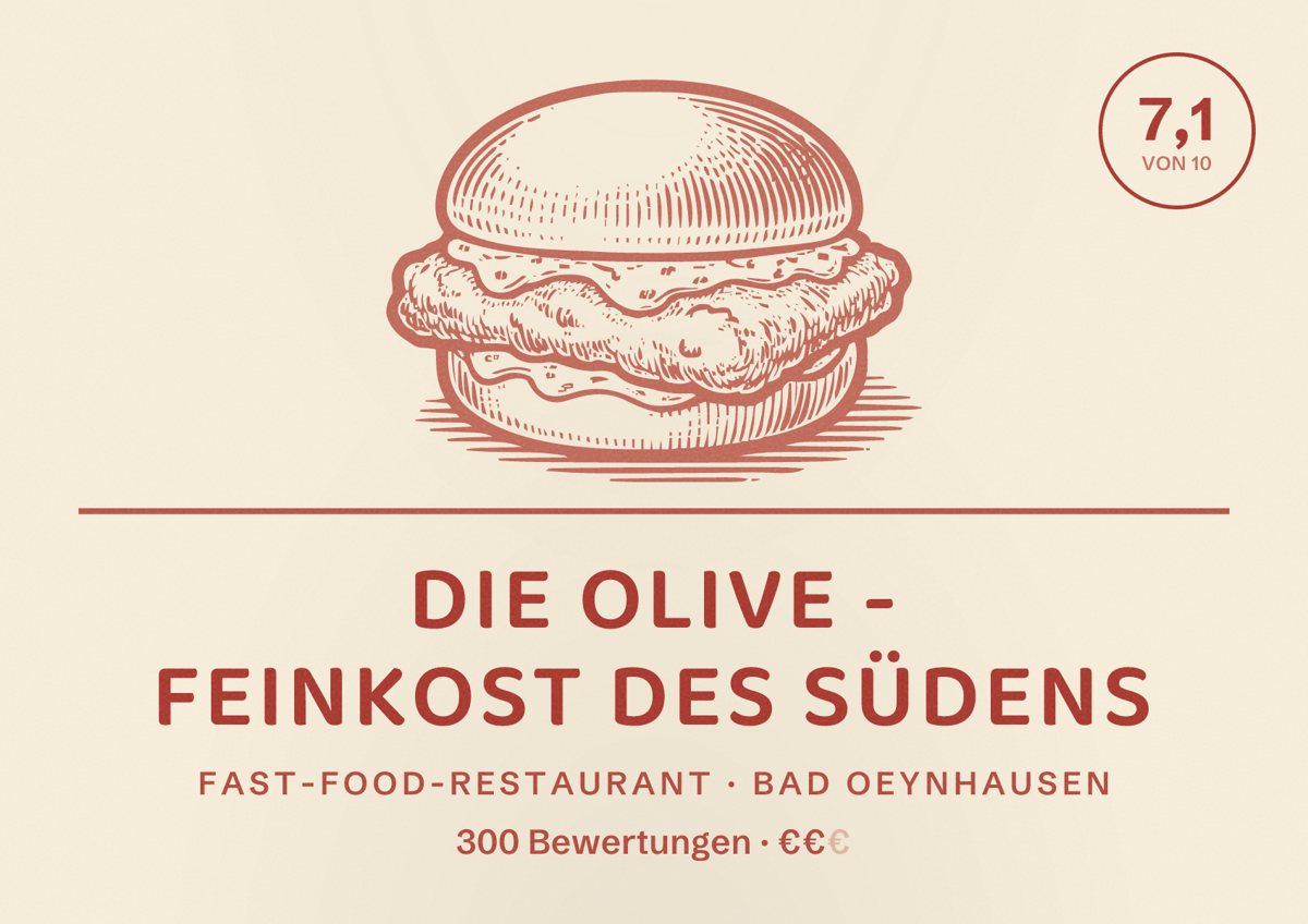 Illustriertes Poster von Die Olive - Feinkost des Südens, Fast-Food-Restaurant in Bad Oeynhausen: Bewertung 7,1 von 10 aus 300 Bewertungen, Preisniveau €€