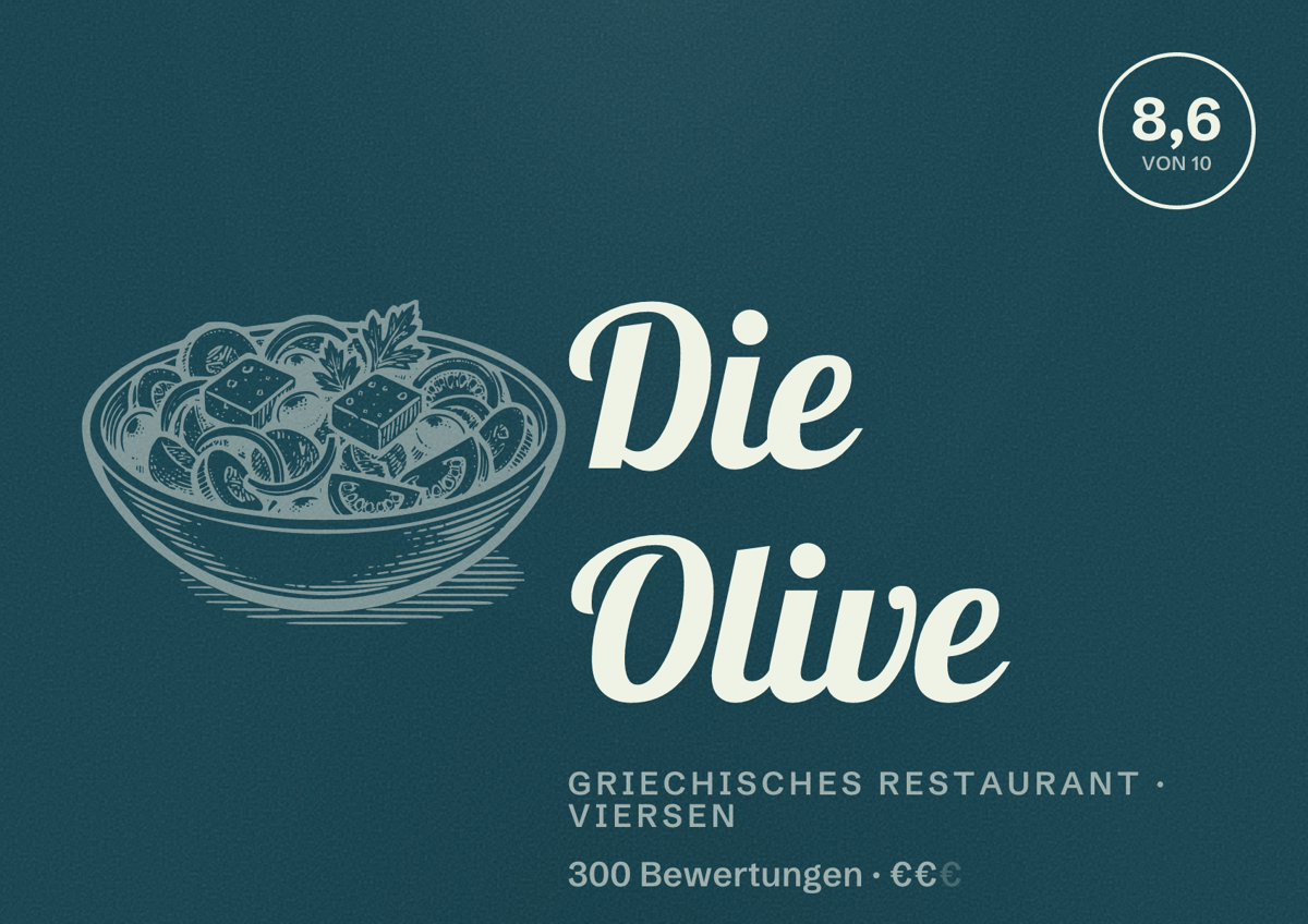 Illustriertes Poster von Die Olive, Griechisches Restaurant in Viersen: Bewertung 8,6 von 10 aus 300 Bewertungen, Preisniveau €€