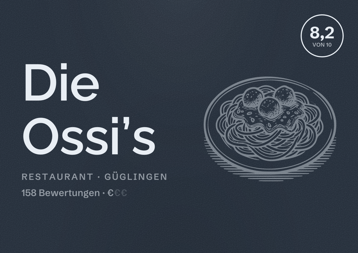 Illustriertes Poster von Die Ossi’s, Restaurant in Güglingen: Bewertung 8,2 von 10 aus 158 Bewertungen, Preisniveau €