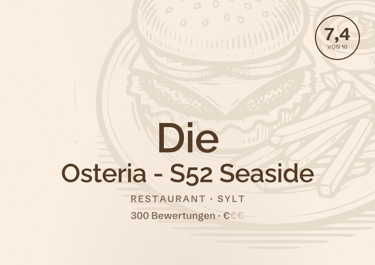 Illustriertes Poster von Die Osteria - S52 Seaside, Restaurant in Sylt: Bewertung 7,4 von 10 aus 300 Bewertungen, Preisniveau €