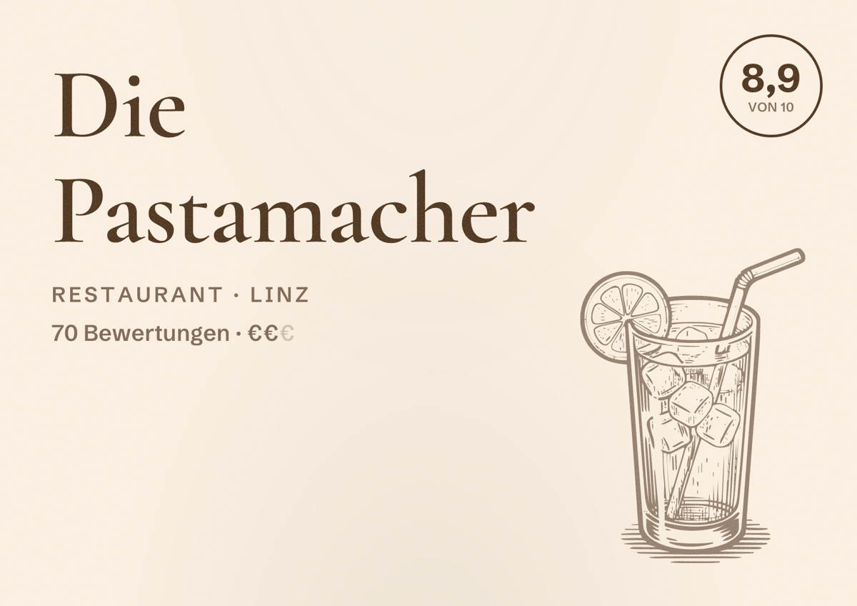 Illustriertes Poster von Die Pastamacher, Restaurant in Linz: Bewertung 8,9 von 10 aus 70 Bewertungen, Preisniveau €€