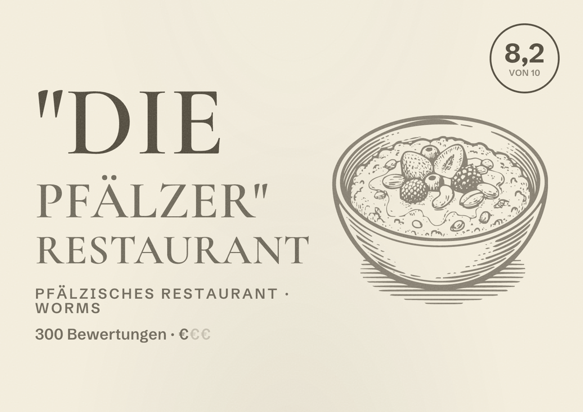 Illustriertes Poster von "Die Pfälzer" Restaurant, Pfälzisches Restaurant in Worms: Bewertung 8,2 von 10 aus 300 Bewertungen, Preisniveau €