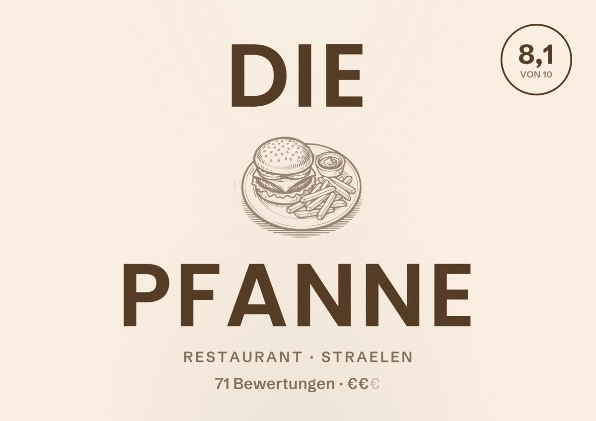 Illustriertes Poster von die Pfanne, Restaurant in Straelen: Bewertung 8,1 von 10 aus 71 Bewertungen, Preisniveau €€