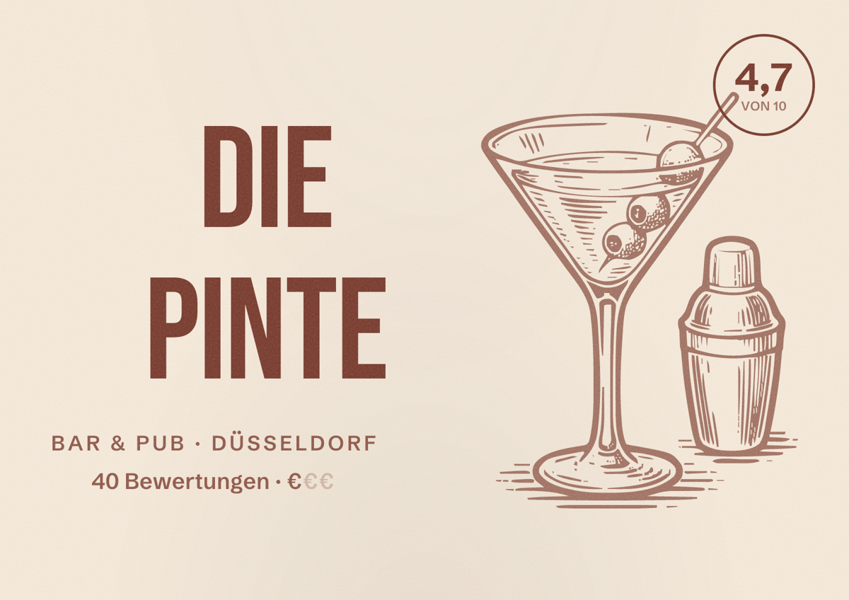 Illustriertes Poster von Die Pinte, Bar & Pub in Düsseldorf: Bewertung 4,7 von 10 aus 40 Bewertungen, Preisniveau €