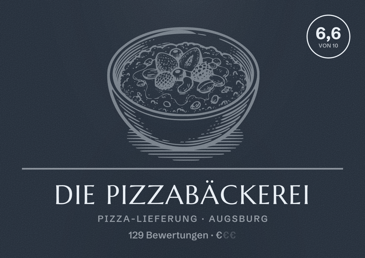 Illustriertes Poster von Die Pizzabäckerei, Pizza-Lieferung in Augsburg: Bewertung 6,6 von 10 aus 129 Bewertungen, Preisniveau €