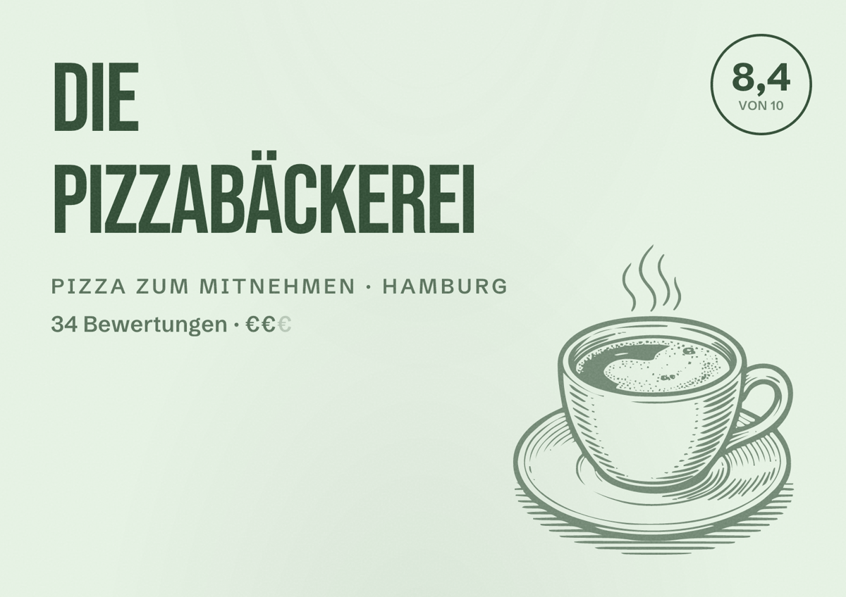 Illustriertes Poster von Die Pizzabäckerei, Pizza zum Mitnehmen in Hamburg: Bewertung 8,4 von 10 aus 34 Bewertungen, Preisniveau €€