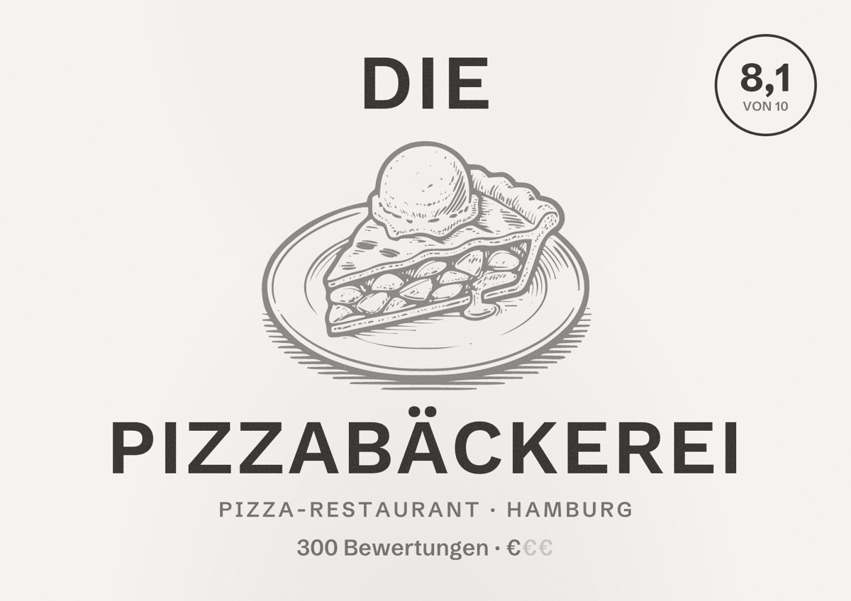 Illustriertes Poster von Die Pizzabäckerei, Pizza-Restaurant in Hamburg: Bewertung 8,1 von 10 aus 300 Bewertungen, Preisniveau €