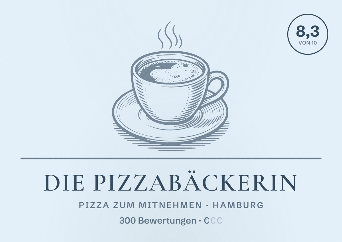 Illustriertes Poster von Die Pizzabäckerin, Pizza zum Mitnehmen in Hamburg: Bewertung 8,3 von 10 aus 300 Bewertungen, Preisniveau €