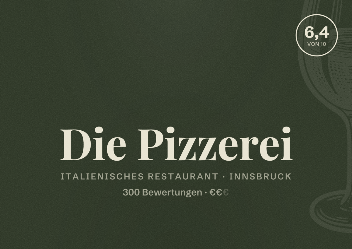 Illustriertes Poster von Die Pizzerei, Italienisches Restaurant in Innsbruck: Bewertung 6,4 von 10 aus 300 Bewertungen, Preisniveau €€