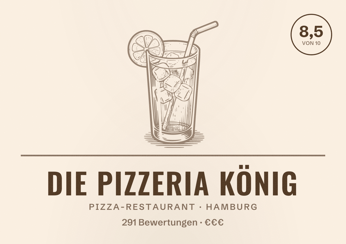 Illustriertes Poster von Die Pizzeria König, Pizza-Restaurant in Hamburg: Bewertung 8,5 von 10 aus 291 Bewertungen, Preisniveau €€€
