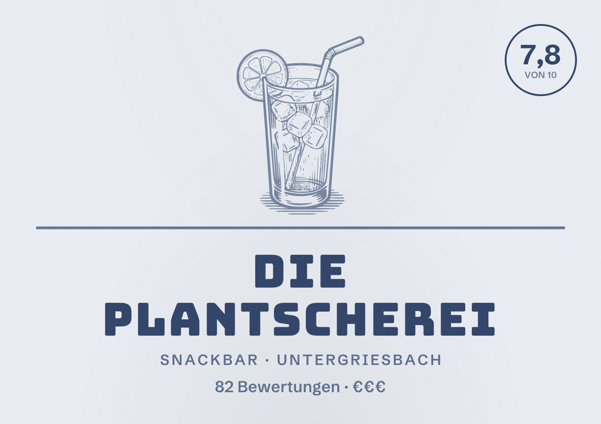 Illustriertes Poster von Die Plantscherei, Snackbar in Untergriesbach: Bewertung 7,8 von 10 aus 82 Bewertungen, Preisniveau €€€