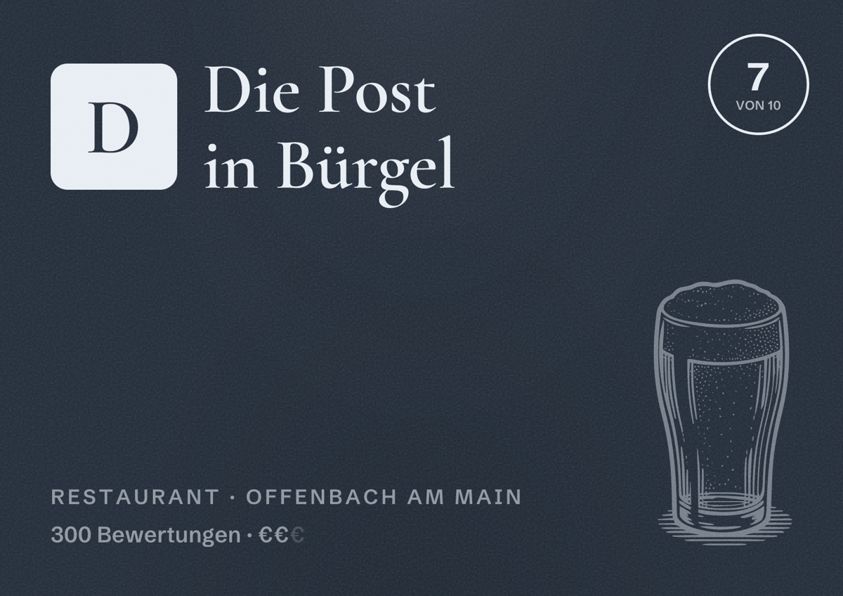 Illustriertes Poster von Die Post in Bürgel, Restaurant in Offenbach am Main: Bewertung 7 von 10 aus 300 Bewertungen, Preisniveau €€