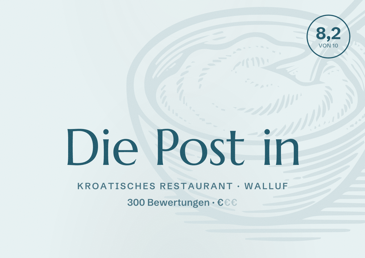 Illustriertes Poster von Die Post in, Kroatisches Restaurant in Walluf: Bewertung 8,2 von 10 aus 300 Bewertungen, Preisniveau €
