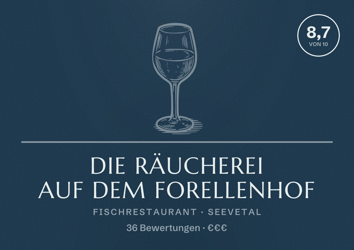 Illustriertes Poster von Die Räucherei auf dem Forellenhof, Fischrestaurant in Seevetal: Bewertung 8,7 von 10 aus 36 Bewertungen, Preisniveau €€€