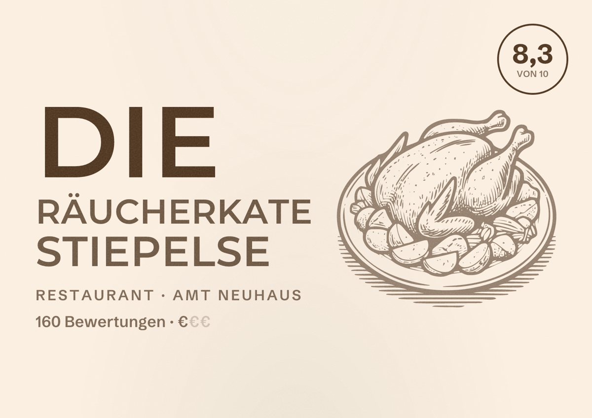 Illustriertes Poster von Die Räucherkate Stiepelse, Restaurant in Amt Neuhaus: Bewertung 8,3 von 10 aus 160 Bewertungen, Preisniveau €