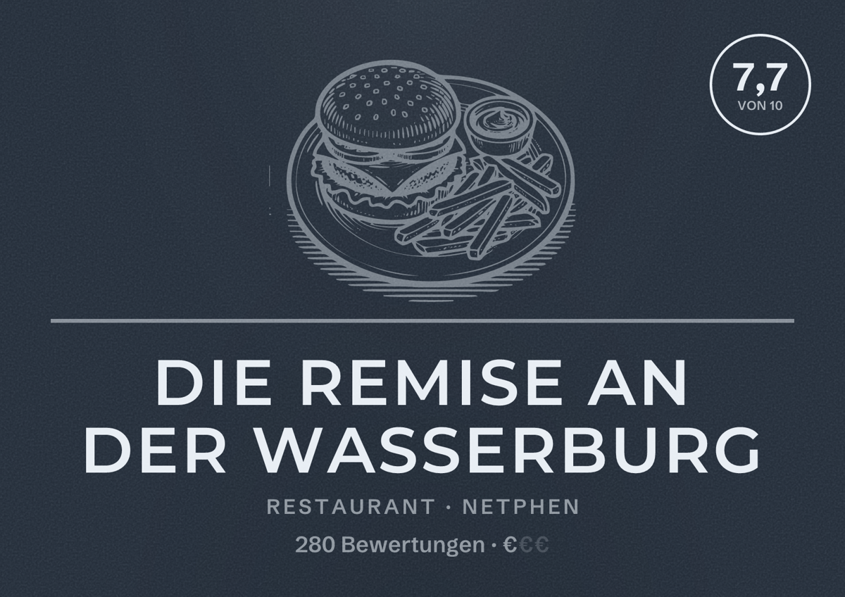 Illustriertes Poster von DIE REMISE an der Wasserburg, Restaurant in Netphen: Bewertung 7,7 von 10 aus 280 Bewertungen, Preisniveau €