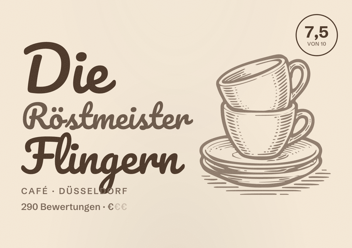 Illustriertes Poster von Die Röstmeister Flingern, Café in Düsseldorf: Bewertung 7,5 von 10 aus 290 Bewertungen, Preisniveau €