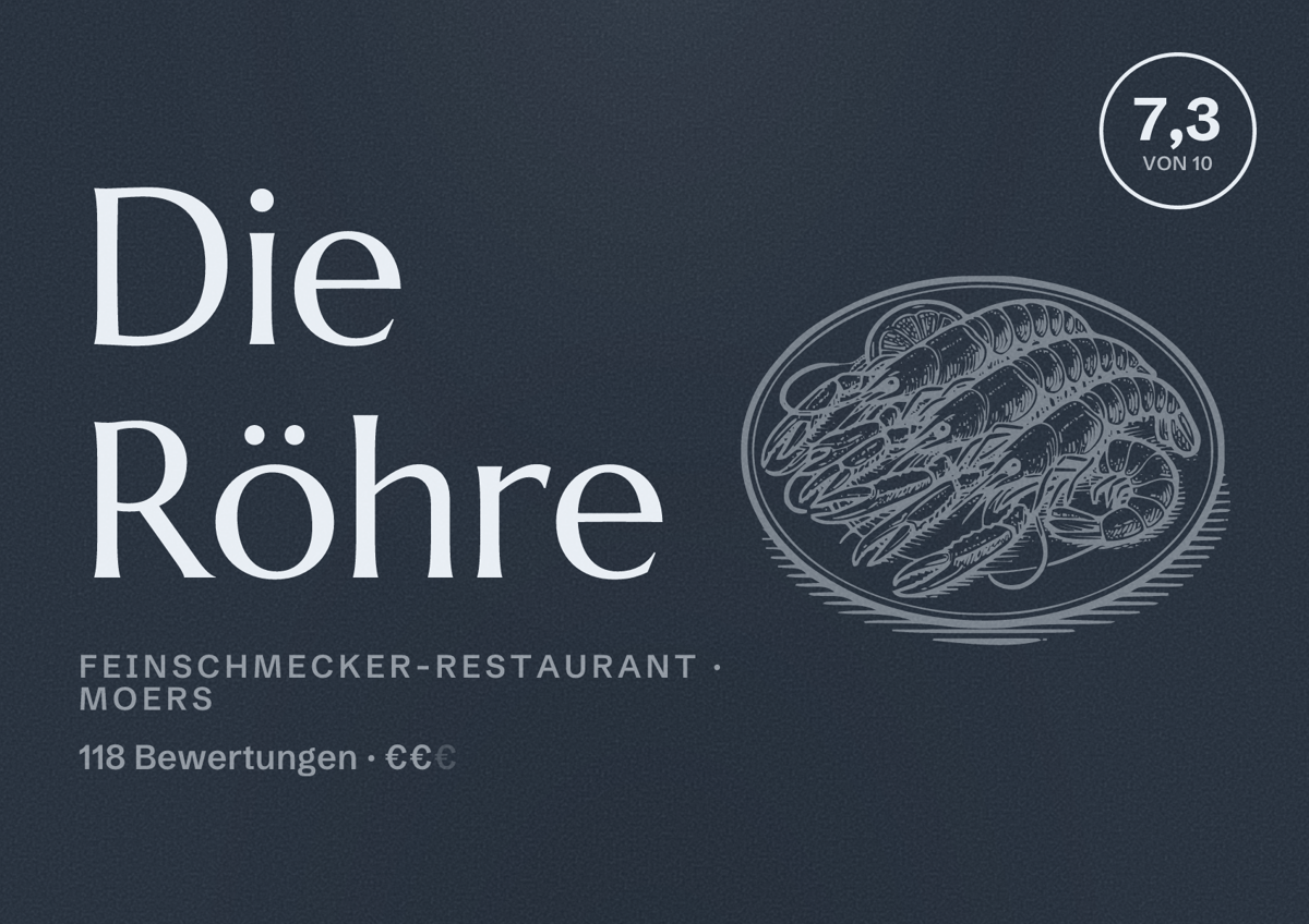 Illustriertes Poster von Die Röhre, Feinschmecker-Restaurant in Moers: Bewertung 7,3 von 10 aus 118 Bewertungen, Preisniveau €€