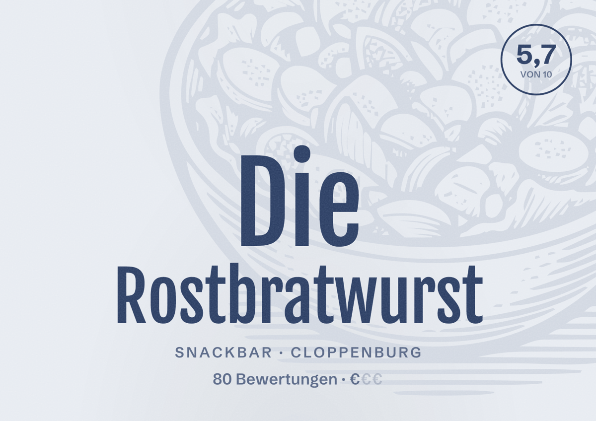 Illustriertes Poster von Die Rostbratwurst, Snackbar in Cloppenburg: Bewertung 5,7 von 10 aus 80 Bewertungen, Preisniveau €